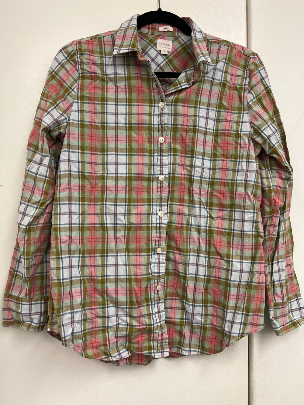 J Crew Boy Fit Plaid Button Down Shirt Blouse Top Women Medium Pink Green White